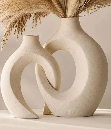 Beige Ceramic Loop Vase Set of 2